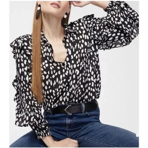 NWT Chico’s Black And White Ruffle Dot Print Top Flounce Sleeve Blouse Size 6